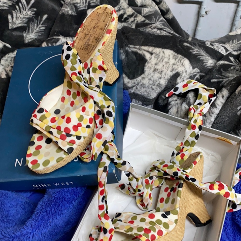 Nine West polka dot heeled sandals with ribbon ties. Brand new- never worn!